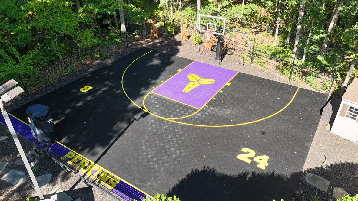 Black and purple backyard half court with custom logo