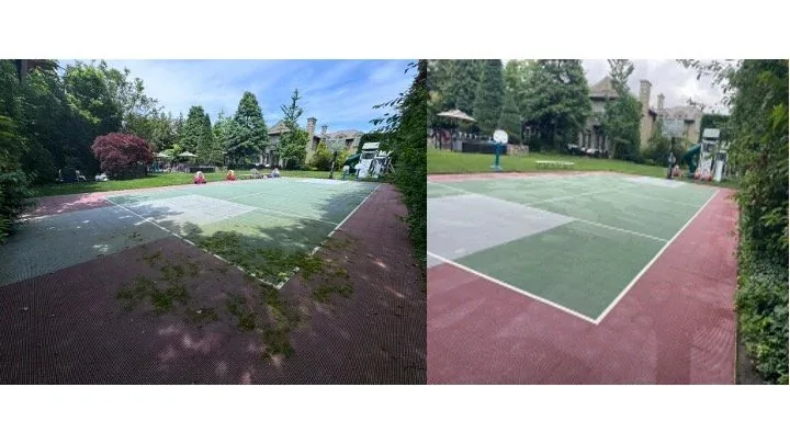 Before and after of a court cleaning: the left half shows a green and red surface stained with moss, the right half shows the same court cleaned