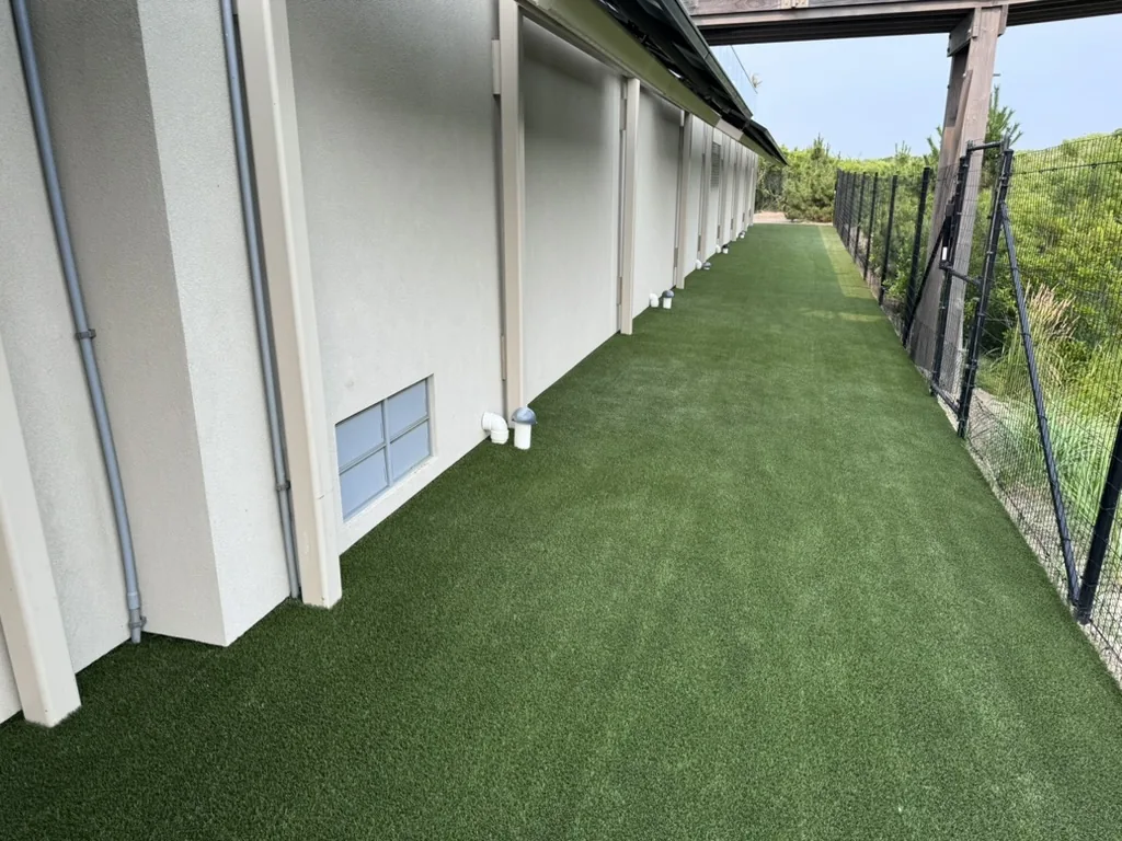 Synthetic turf laid along a narrow side yard, running between the house wall and a boundary fence